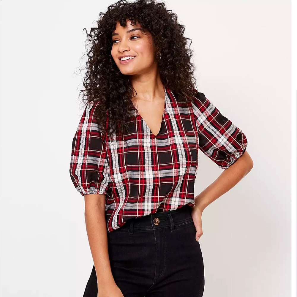NWT Loft Plaid Puff Sleeve Top